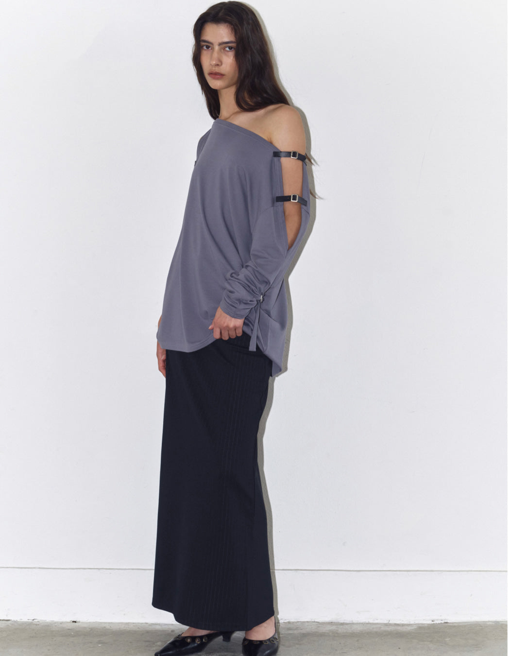 BUCKLE OFF-SHOULDER JERSEY TOP / 3 Color