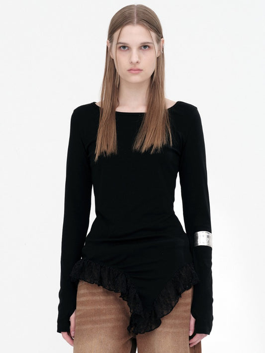 Ruffle Long Sleeve Top [Black]