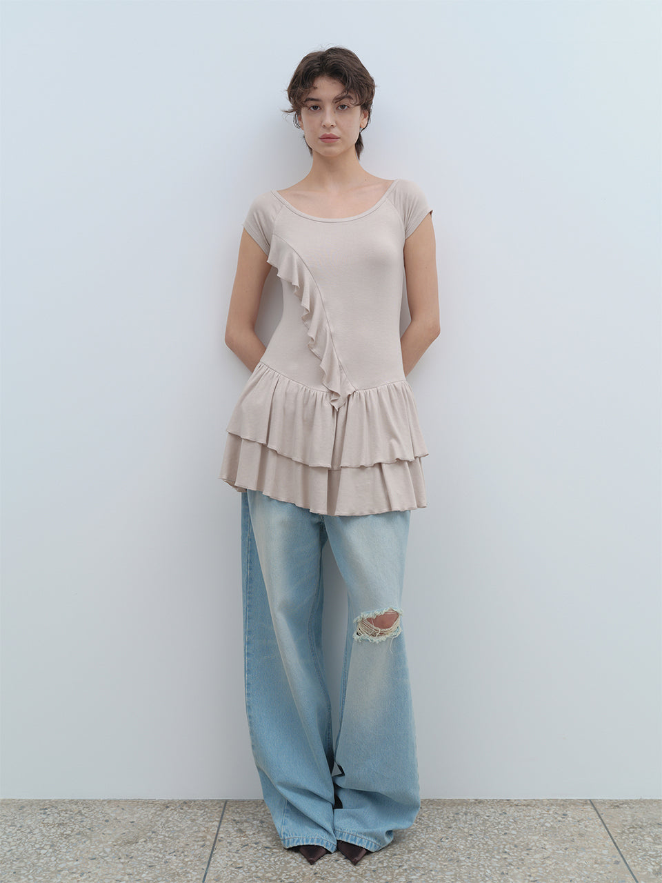 Ruffle Short Sleeve Dress [Beige]