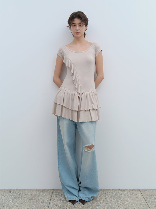 Ruffle Short Sleeve Dress [Beige]