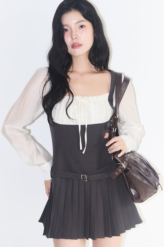 Preppy Ribbon Pleats Dress Charcoal