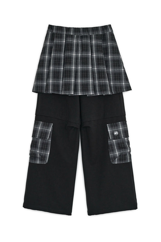 Check skirt layered cargo pants (Black)