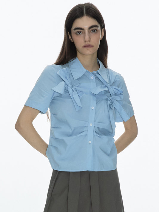 Ribbon Tie Short Sleeve Shirts [Sky Blue]