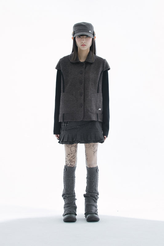 Round collar knit jacket (Brown)