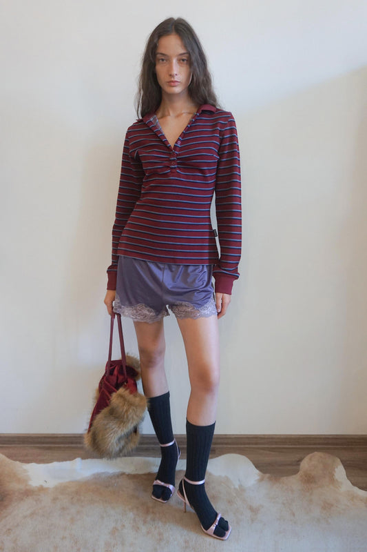 Shirring Tennis Shirt Wine Stripe