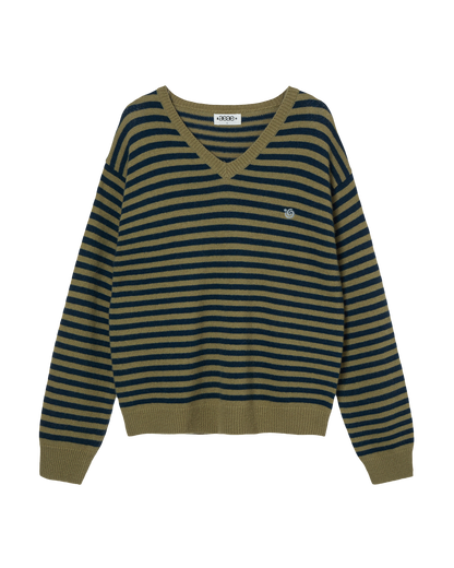 STRIPE V-NECK KNIT PULLOVER [KHAKI]