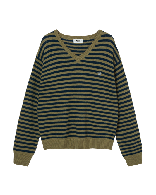 STRIPE V-NECK KNIT PULLOVER [KHAKI]