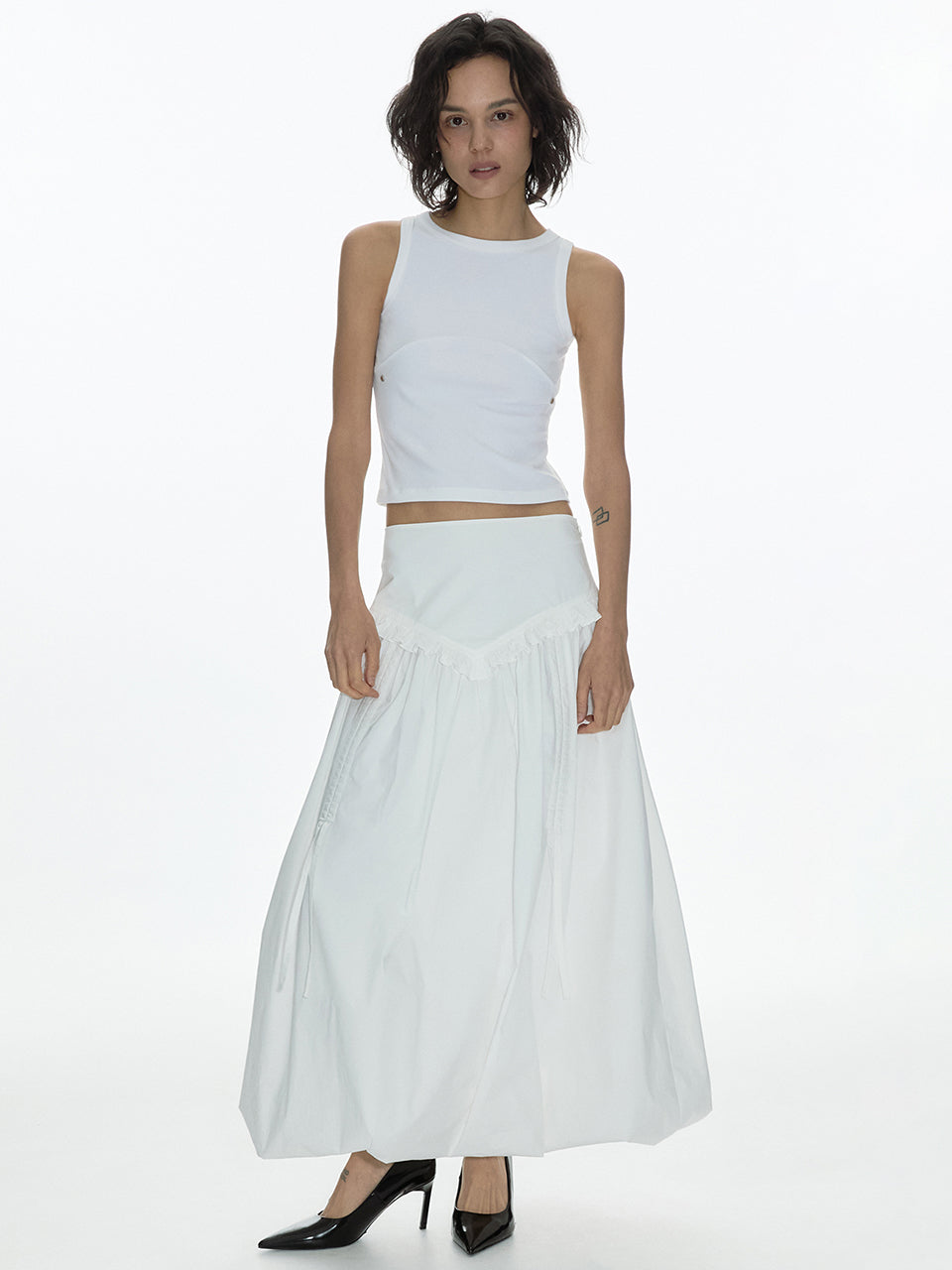 Balloon Shirring Maxi Skirt [White]