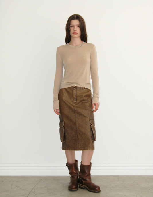 WASHED LEATHER CARGO SKIRT / 2 Color