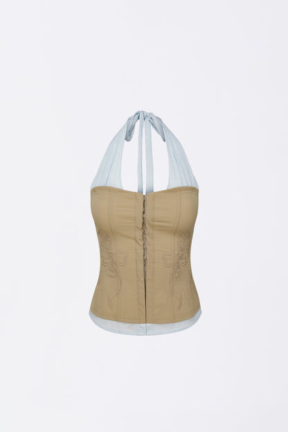 Farm Corset Halter Top / Beige/ sky blue