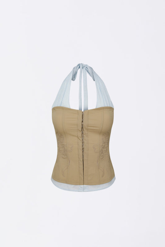 Farm Corset Halter Top / Beige/ sky blue