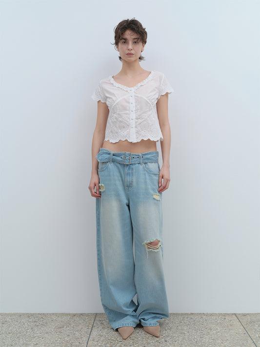 Belted Damage Wide Jeans [Washed Blue]