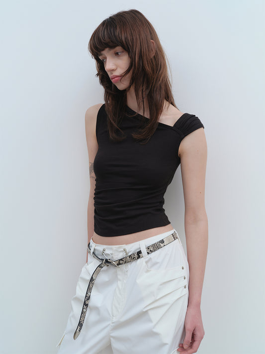 Asymmetric Shirring Top [Black]