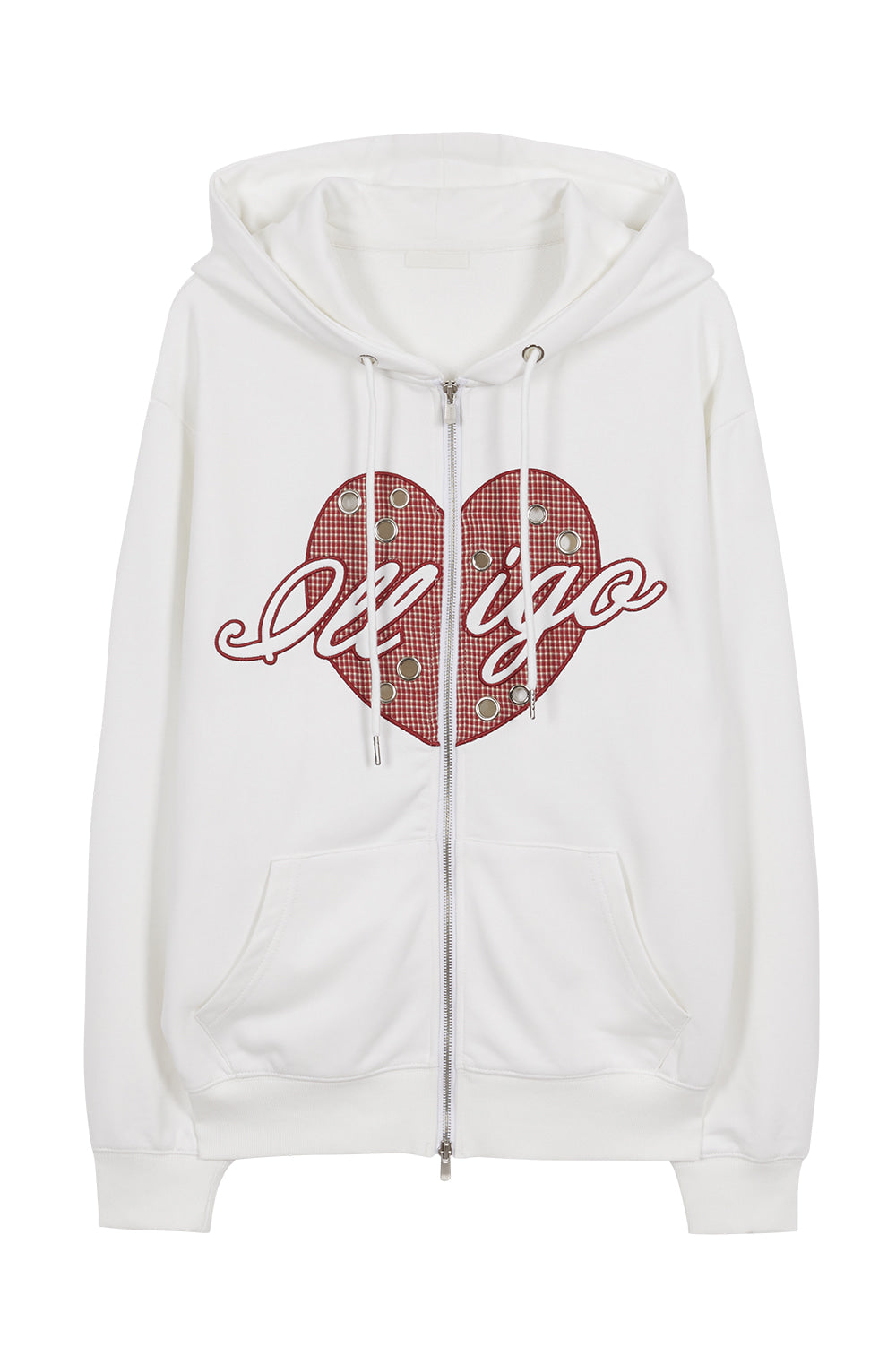 Check heart eyelet hooded zip-up / White