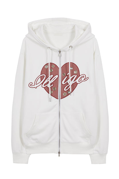 Check heart eyelet hooded zip-up / White
