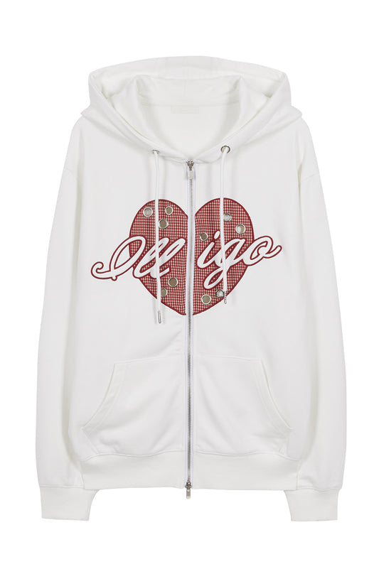 Check heart eyelet hooded zip-up / White