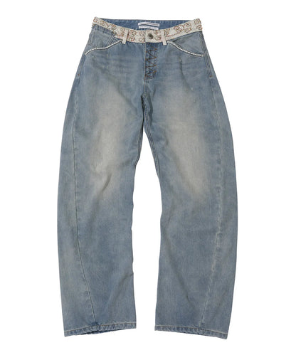 Beaded Waist Denim Pants / Mid Blue