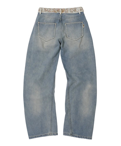 Beaded Waist Denim Pants / Mid Blue