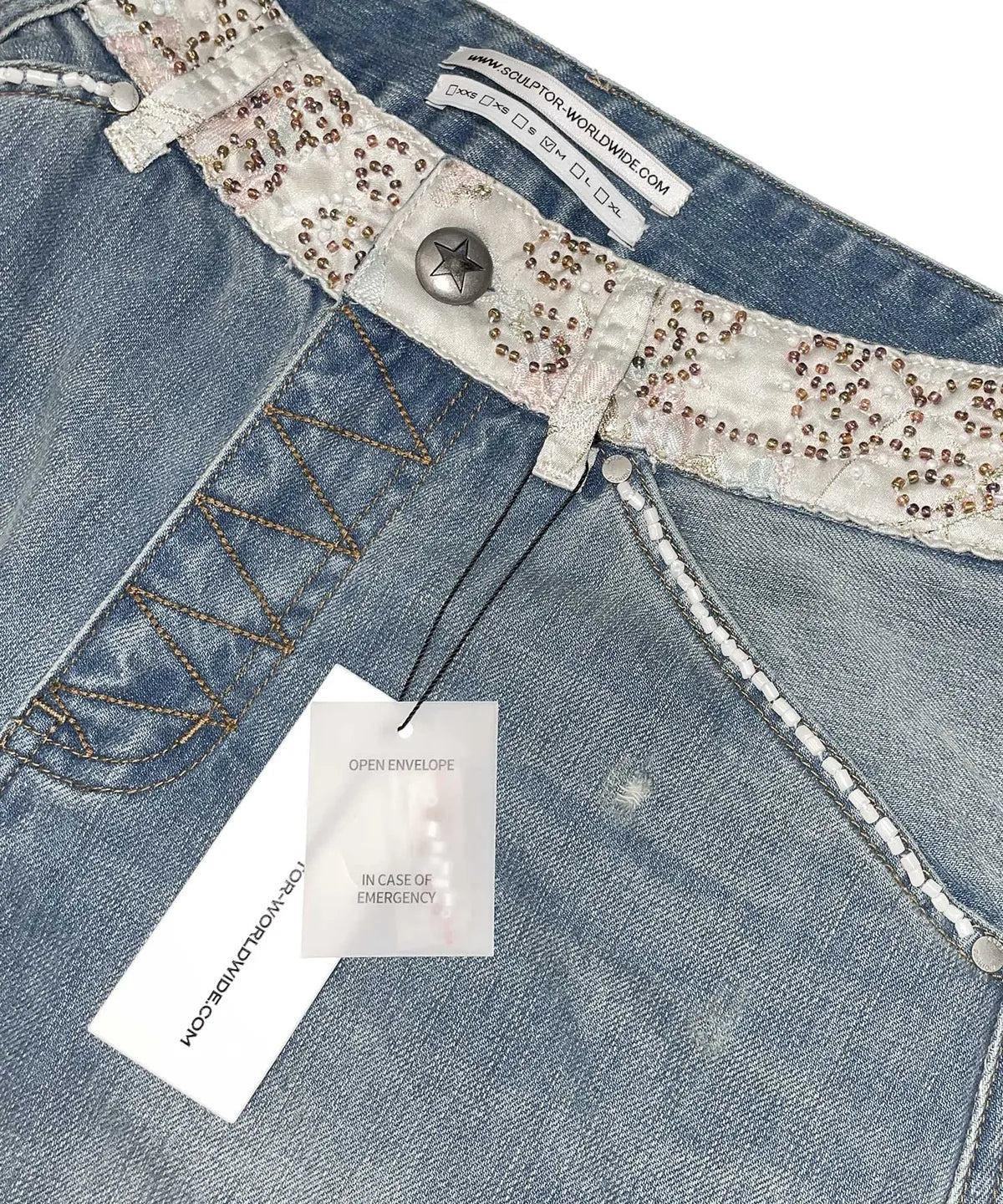Beaded Waist Denim Pants / Mid Blue