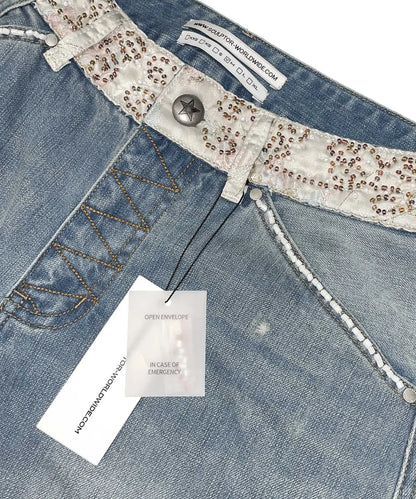 Beaded Waist Denim Pants / Mid Blue