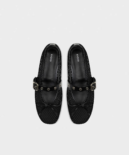 MESH BUCKLE STRAP BALLERINA FLAT / Black