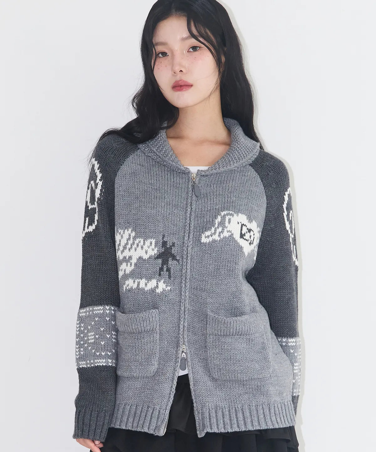 Angel Ring Cowichan Knit Zip-up / Grey