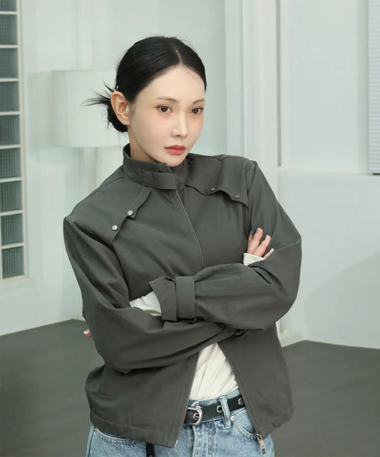 High-neck Standard Strap Beaded Point Blue Jean Jacket / 2 Color