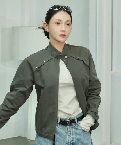 High-neck Standard Strap Beaded Point Blue Jean Jacket / 2 Color