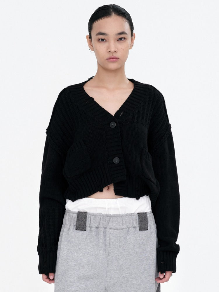 Mixed Cropped Loose Cardigan [Black]