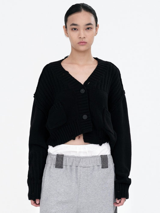 Mixed Cropped Loose Cardigan [Black]