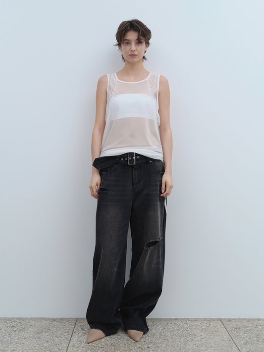 Belted Damage Wide Jeans [Washed Black]