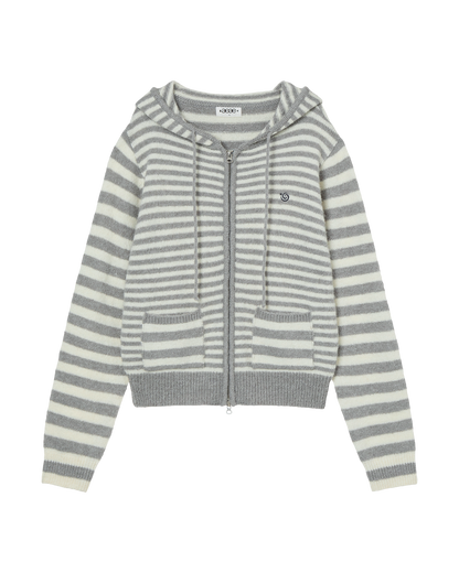STRIPE HOOD KNIT ZIP UP [LIGHT GREY]