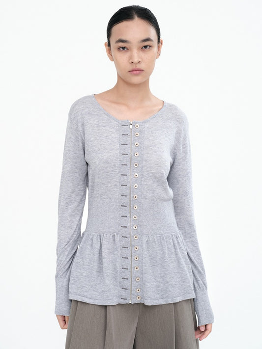 Fake Button Zip-Up Cardigan [Gray]