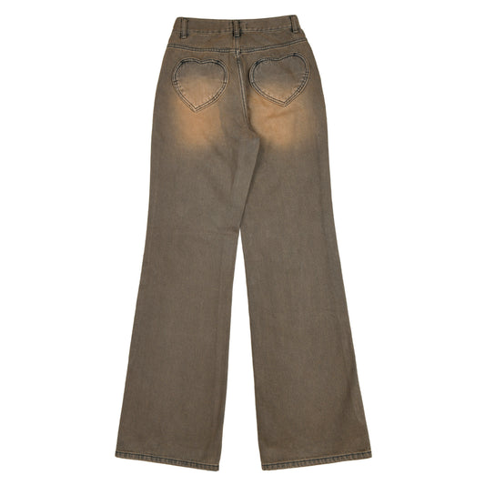 HEART EMBROIDERY JEANS - [BROWN]