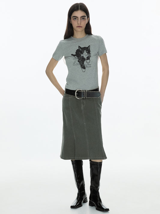 Vintage Denim Flare Skirt [Washed Green]