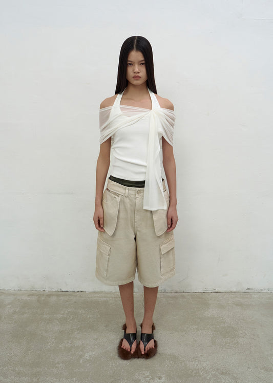 MULTI-POCKET DENIM SHORTS (SAND BEIGE)