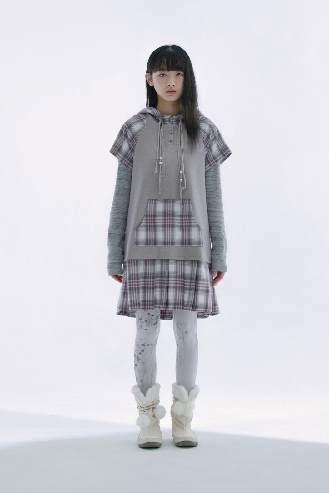 Check pleats hooded dress (Pink)