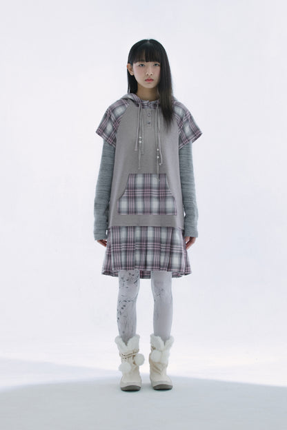 Check pleats hooded dress (Pink)