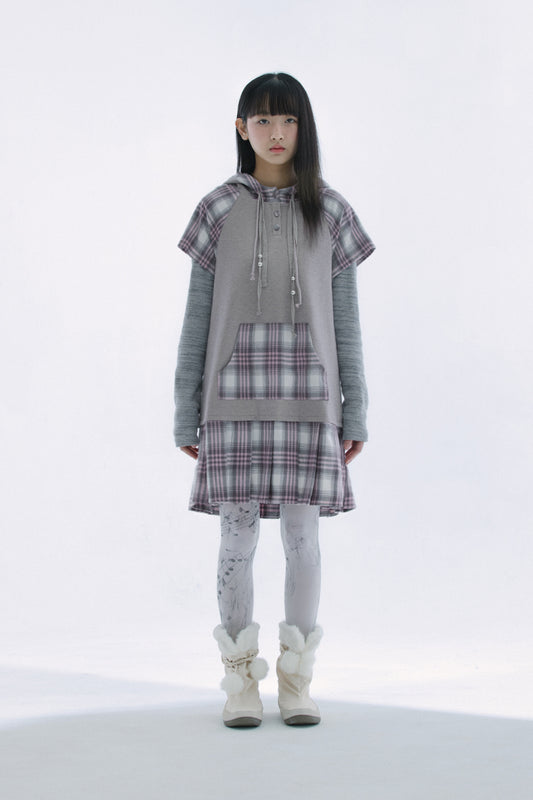 Check pleats hooded dress (Pink)