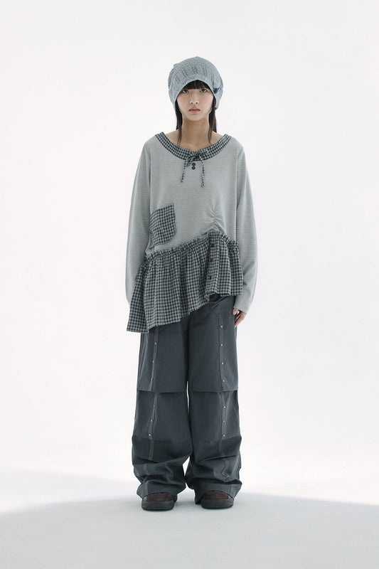 Check shirts layered knit top (Gray)