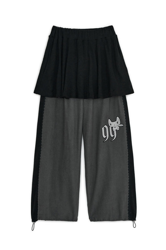 Patch skirt layered jogger pants (Charcoal)