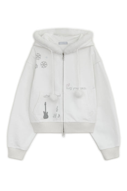 Hotfix fur hoodie zip-up (White)