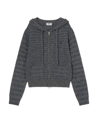 STRIPE HOOD KNIT ZIP UP [NAVY]