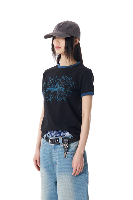 Stamp Printed Ringer Top (Black)
