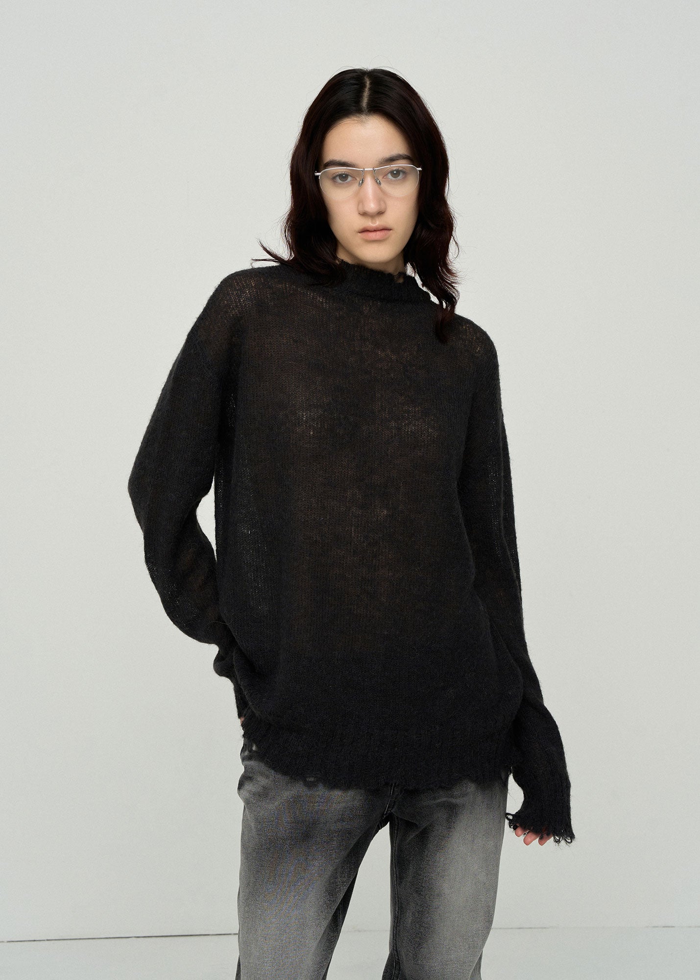 SEMI-SHEER DISTRESSED SWEATER WITH NECK WEAR / 2 Color