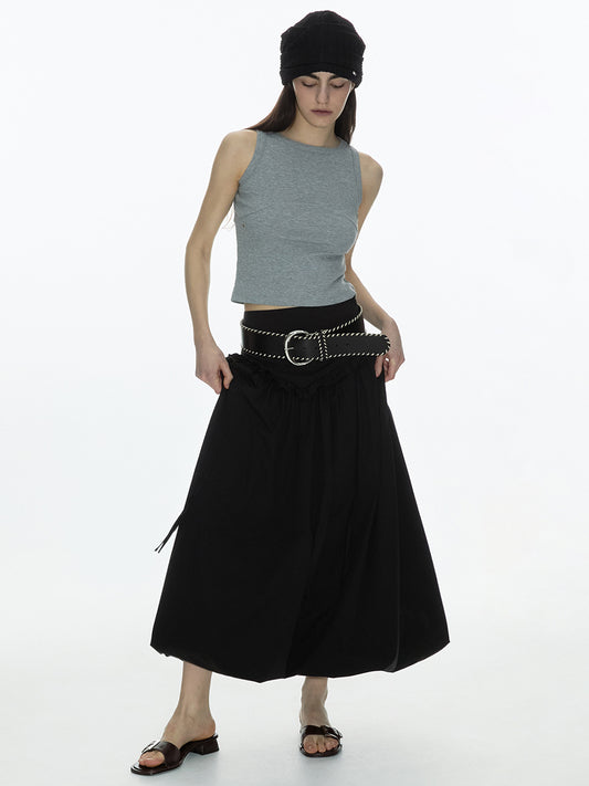 Balloon Shirring Maxi Skirt [Black]
