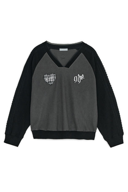 Patch v-neck raglan T (Charcoal)