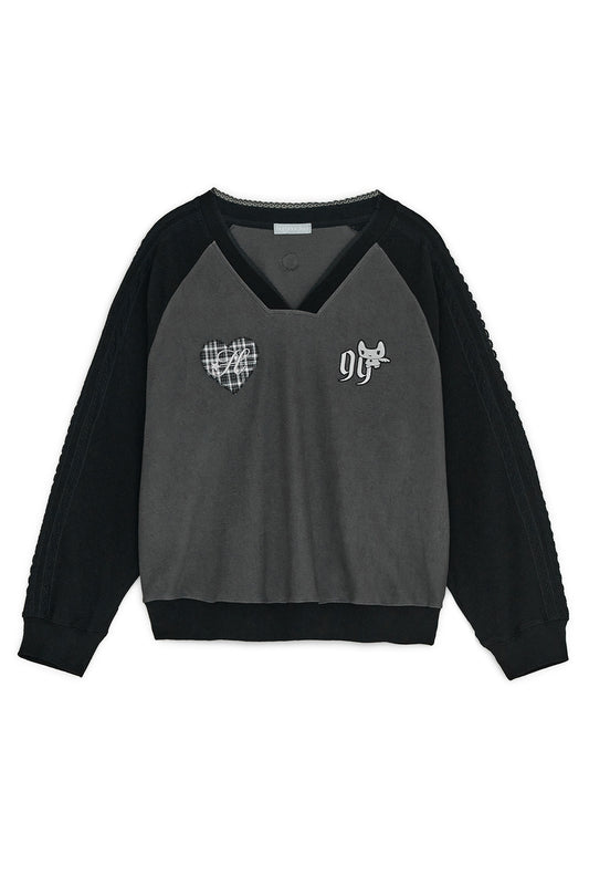 Patch v-neck raglan T (Charcoal)