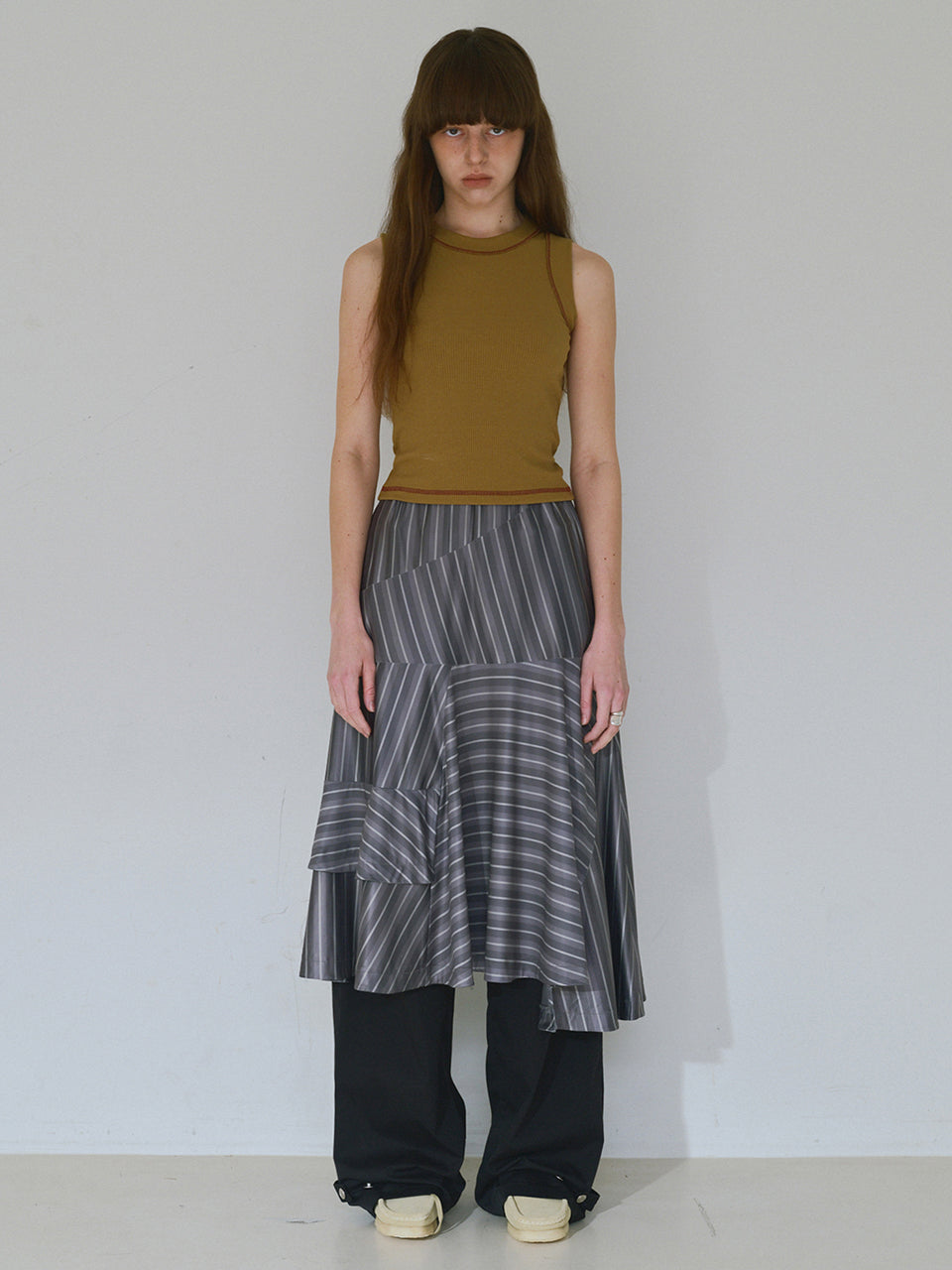Asymmetric Striped Midi Skirt [Charcoal]