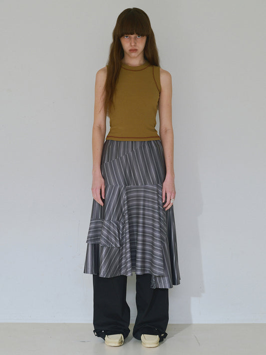 Asymmetric Striped Midi Skirt [Charcoal]